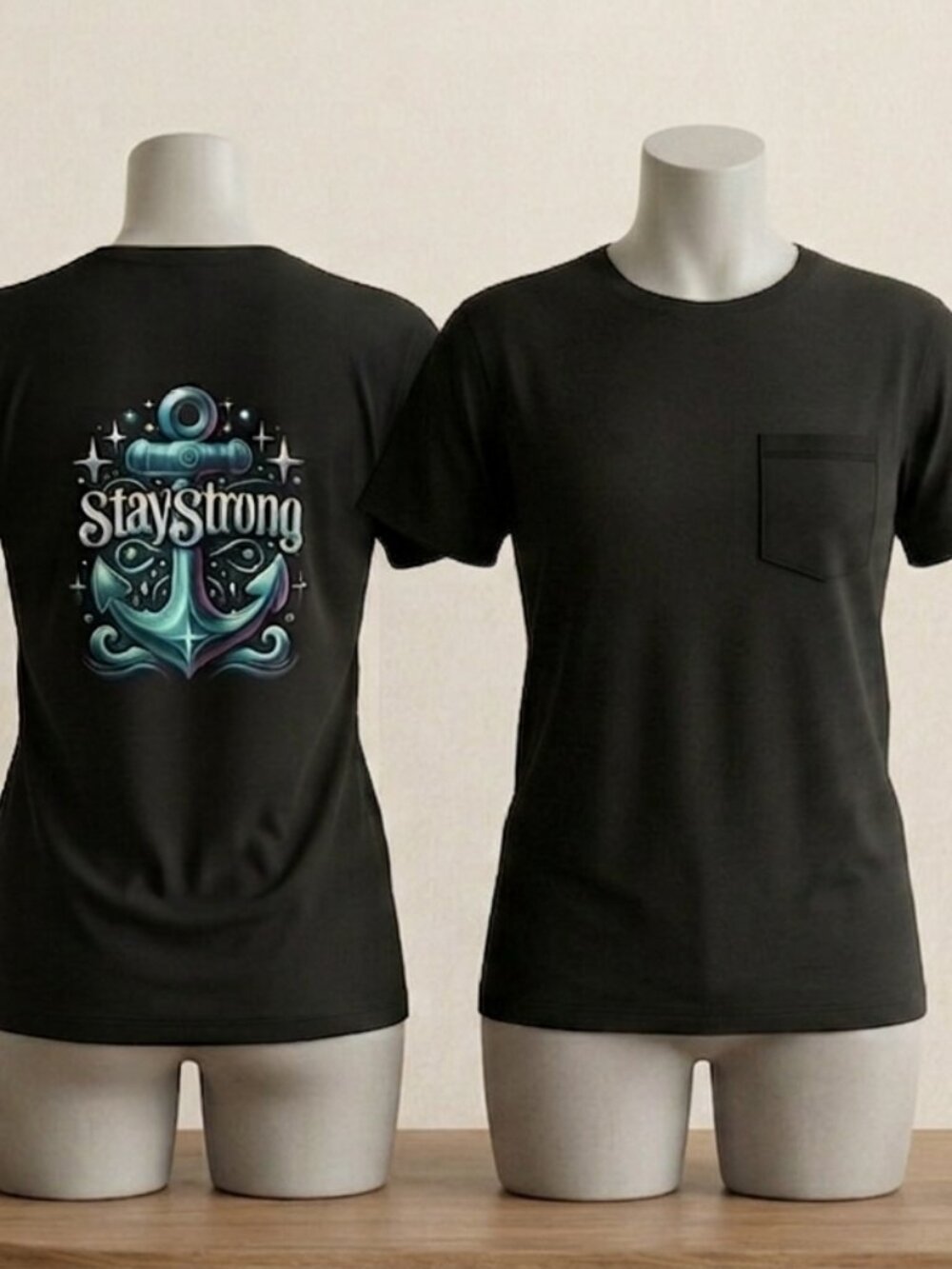 Classic black crew neck t-shirt with graphics